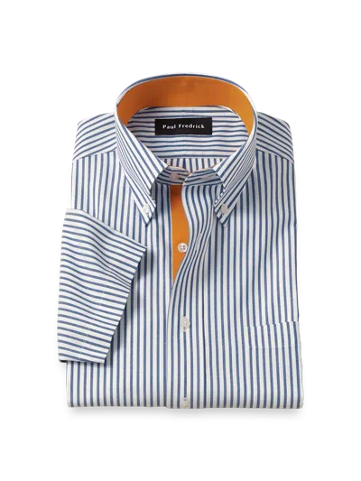 Paul Fredrick Tailored Fit Comfort Stretch Non-iron Geometric Dress Shirt With Contrast Trim In Purple