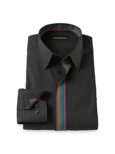 Paul Fredrick Comfort Stretch Non-iron Solid Dress Shirt With Contrast Trim In Black