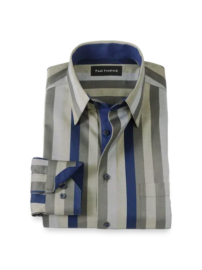 Paul Fredrick Comfort Stretch Non-iron Stripe Dress Shirt With Contrast Trim In Green