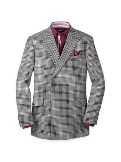 Paul Fredrick Black White Cotton Blend Plaid Double Breasted Peak Lapel Sport Coat In Gray