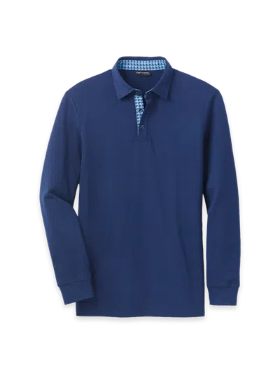 Paul Fredrick Long Sleeve Cotton Jersey 3-button Polo With Patterned Trim In Blue