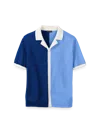 Paul Fredrick Cotton Button Front Camp Collar Sweater In Blue