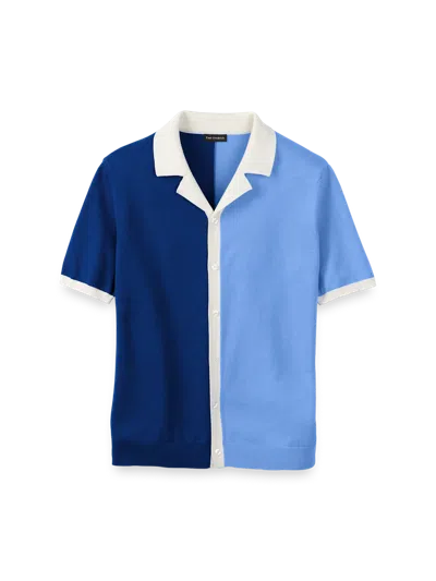 Paul Fredrick Cotton Button Front Camp Collar Sweater In Blue