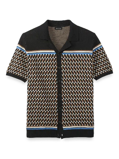 Paul Fredrick Cotton Button Front Camp Collar Sweater In Multi