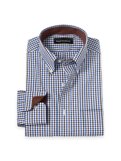 Paul Fredrick Cotton Buttondown Collar Broadcloth Classic Contrast Trim Button Cuff Long Sleeve Shir In Blue