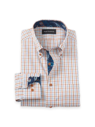 Paul Fredrick Cotton Buttondown Collar Pinpoint Classic Contrast Trim Button Cuff Long Sleeve In Multi