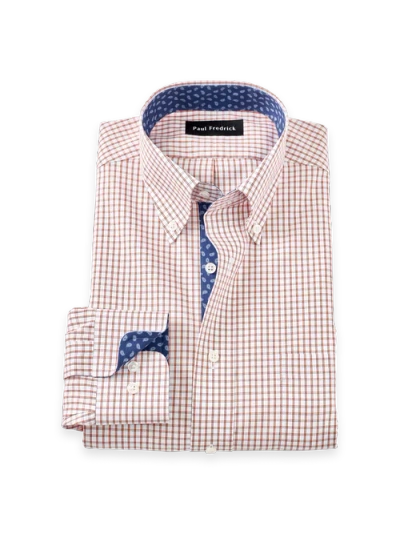 Paul Fredrick Cotton Buttondown Collar Pinpoint Classic Contrast Trim Button Cuff Long Sleeve In Pink