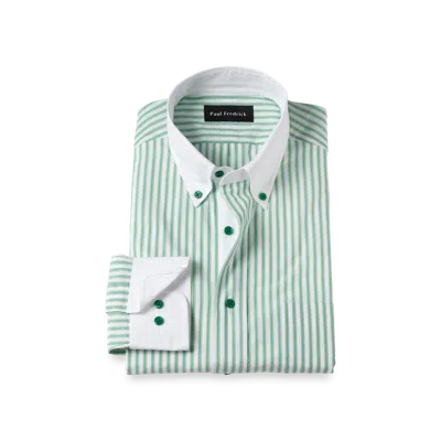 Paul Fredrick Cotton Buttondown Collar Poplin Tailored Contrast Trim Button Cuff Long Sleeve Shirt In Green
