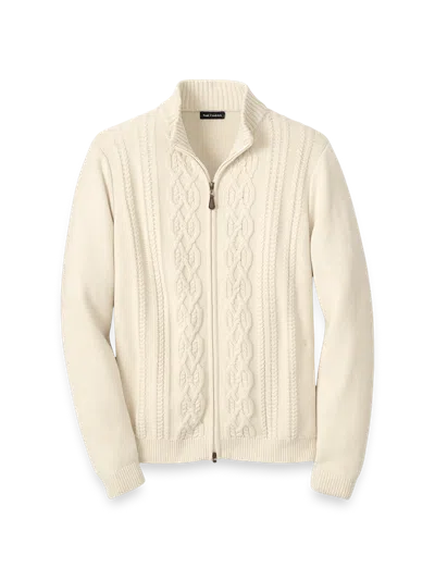 Paul Fredrick Cotton Cable Full Zip Mock Neck Sweater In White