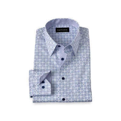 Paul Fredrick Cotton Point Collar Pinpoint Slim Contrast Trim Button Cuff Long Sleeve Shirt In Blue