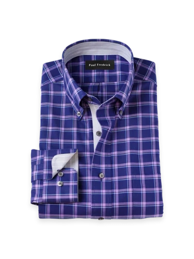 Paul Fredrick Cotton Poly Spandex Buttondown Collar Twill Slim Contrast Trim Button Cuff Long Sleeve In Blue