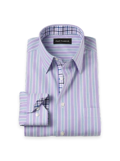 Paul Fredrick Cotton Poly Spandex Point Collar Twill Slim Contrast Trim Button Cuff Long Sleeve In Blue
