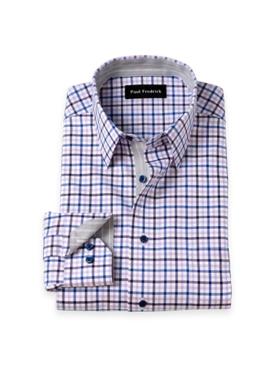 Paul Fredrick Cotton Poly Spandex Point Collar Twill Slim Contrast Trim Button Cuff Long Sleeve In Blue
