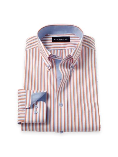 Paul Fredrick Cotton Spandex Buttondown Collar Pinpoint Tailored Contrast Trim Button Cuff Long Slee In White