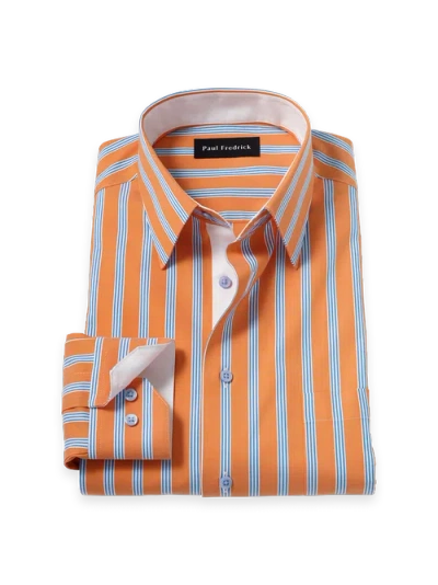 Paul Fredrick Cotton Spandex Point Collar Pinpoint Classic Contrast Trim Button Cuff Long Sleeve In Blue