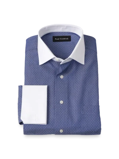 Paul Fredrick Cotton Spread Collar Dobby Tailored Contrast Trim French Cuff Long Sleeve In Blue