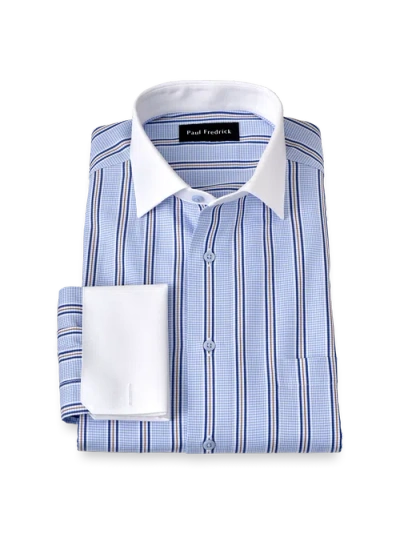 Paul Fredrick Cotton Spread Collar Dobby Tailored Contrast Trim French Cuff Long Sleeve In Blue