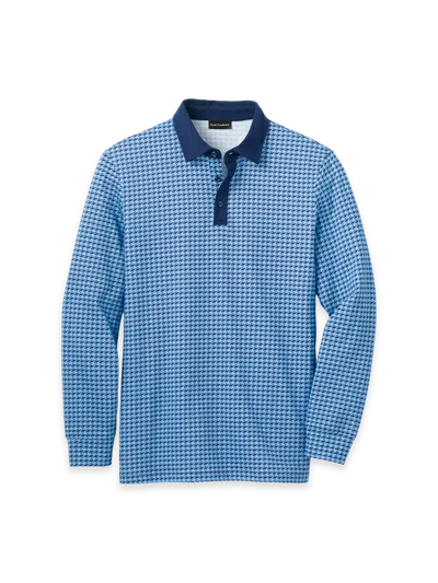 Paul Fredrick Long Sleeve Cotton Jersey 3-button Polo With Patterned Trim In Blue