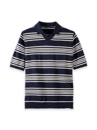 Paul Fredrick Cotton V-neck Polo Short Sleeve In Blue