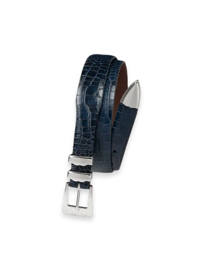 Paul Fredrick Crocodile Embossed With Metal Keeper & Tip Belt In Blue