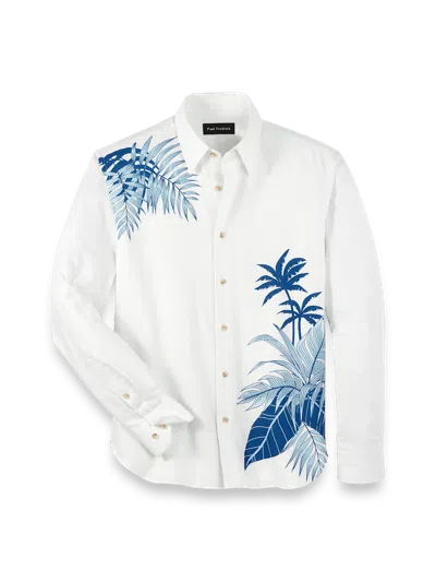 Paul Fredrick Linen Blend Botanical Print Casual Shirt In White