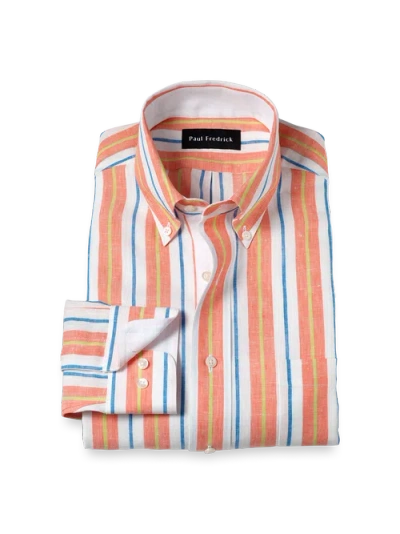 Paul Fredrick Linen Buttondown Collar Poplin Tailored Contrast Trim Button Cuff Long Sleeve In Multi