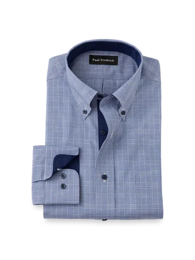 Paul Fredrick Tailored Fit Non-iron Cotton Plaid Dress Shirt With Contrast Trim In Blue