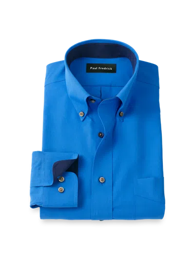 Paul Fredrick Tailored Fit Non-iron Cotton Solid Dress Shirt With Contrast Trim In Blue
