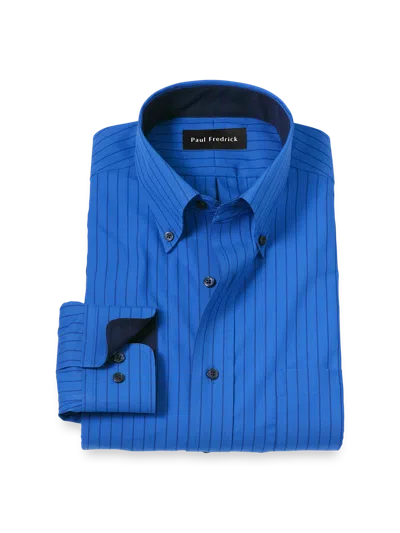 Paul Fredrick Tailored Fit Non-iron Cotton Stripe Dress Shirt With Contrast Trim In Blue