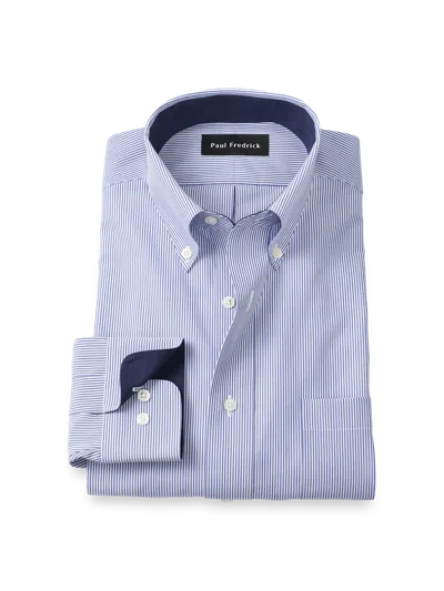 Paul Fredrick Tailored Fit Non-iron Cotton Stripe Dress Shirt With Contrast Trim In Blue