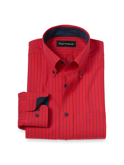 Paul Fredrick Tailored Fit Non-iron Cotton Stripe Dress Shirt With Contrast Trim In Red