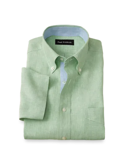 Paul Fredrick Tailored Fit Non-iron Linen Solid Dress Shirt With Contrast Trim In Green
