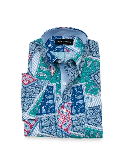 Paul Fredrick Non-iron Cotton Bandana Dress Shirt With Contrast Trim In Blue