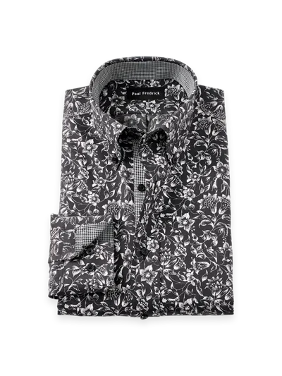 Paul Fredrick Cotton Buttondown Collar Pinpoint Classic Contrast Trim Button Cuff Long Sleeve In Black