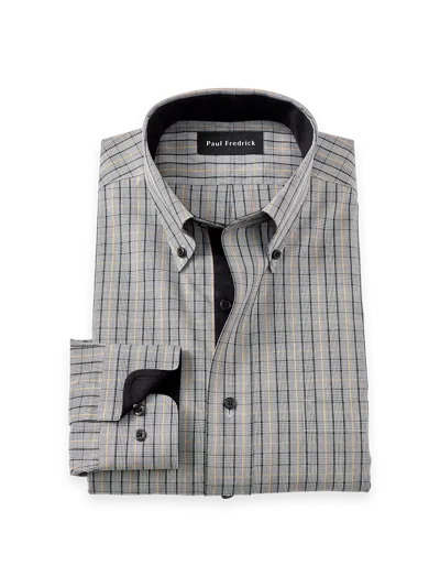 Paul Fredrick Tailored Fit Non-iron Cotton Plaid Dress Shirt With Contrast Trim In Gray