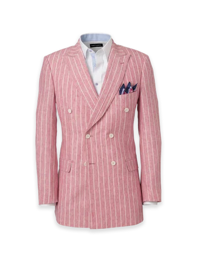 Paul Fredrick Pinstripe Linen Double Breasted Peak Lapel Suit Jacket In Pink