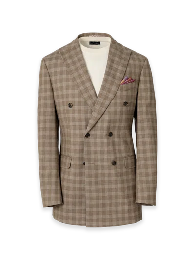 Paul Fredrick Plaid Wool Blend Double Breasted Peak Lapel Suit Jacket In Brown