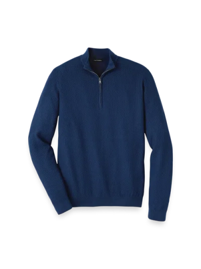 Paul Fredrick Silk Cotton Cashmere Quarter Zip Mock Neck Sweater In Blue
