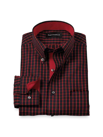 Paul Fredrick Tailored Fit Comfort Stretch Non-iron Check Dress Shirt With Contrast Trim In Red