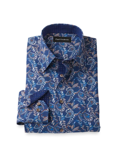 Paul Fredrick Tailored Fit Comfort Stretch Non-iron Paisley Dress Shirt With Contrast Trim In Blue