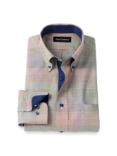 PAUL FREDRICK SLIM FIT COMFORT STRETCH NON-IRON PLAID DRESS SHIRT WITH CONTRAST TRIM