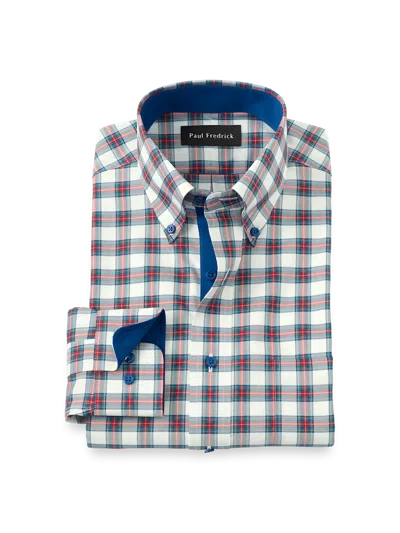Paul Fredrick Slim Fit Comfort Stretch Non-iron Plaid Dress Shirt With Contrast Trim In White