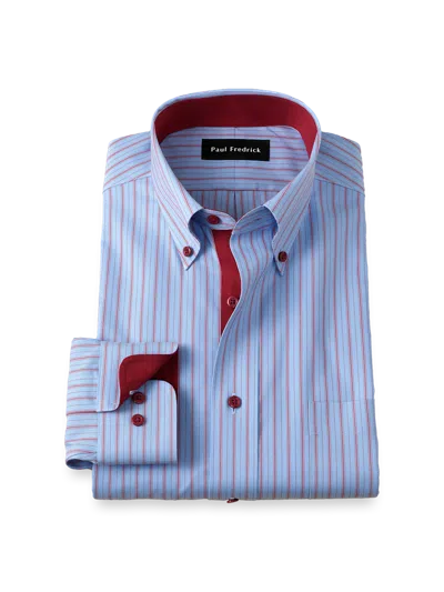 PAUL FREDRICK SLIM FIT COMFORT STRETCH NON-IRON STRIPE DRESS SHIRT WITH CONTRAST TRIM