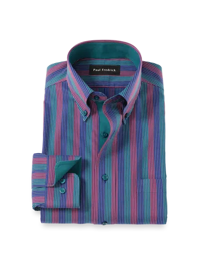 Paul Fredrick Tailored Fit Comfort Stretch Non-iron Stripe Dress Shirt With Contrast Trim In Multi