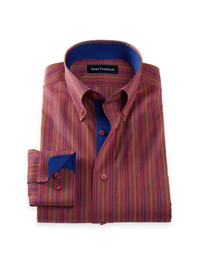 Paul Fredrick Slim Fit Comfort Stretch Non-iron Stripe Dress Shirt With Contrast Trim In Multi