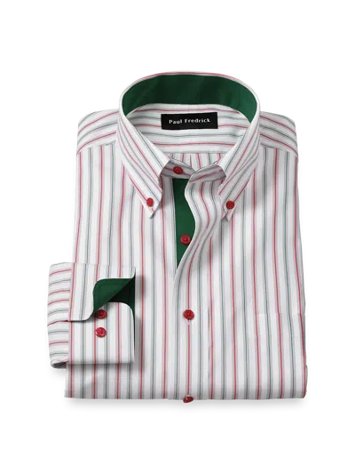 PAUL FREDRICK SLIM FIT COMFORT STRETCH NON-IRON STRIPE DRESS SHIRT WITH CONTRAST TRIM