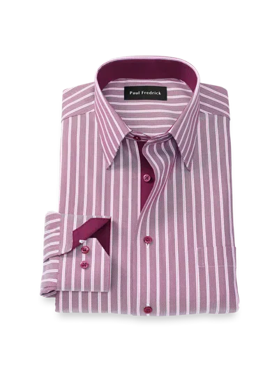 Paul Fredrick Tailored Fit Comfort Stretch Non-iron Stripe Dress Shirt With Contrast Trim In Pink