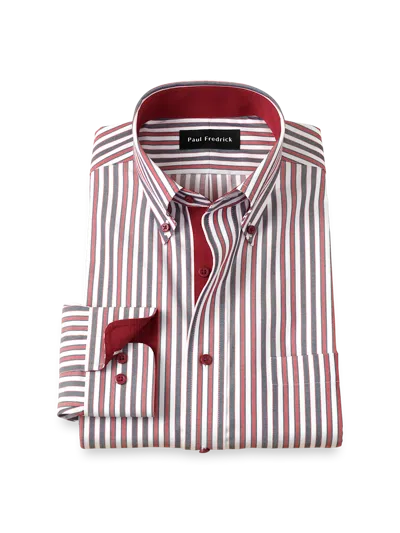 Paul Fredrick Slim Fit Comfort Stretch Non-iron Stripe Dress Shirt With Contrast Trim In White