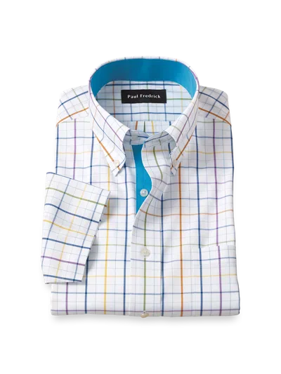 Paul Fredrick Slim Fit Comfort Stretch Non-iron Tattersall Dress Shirt With Contrast Trim In Multi