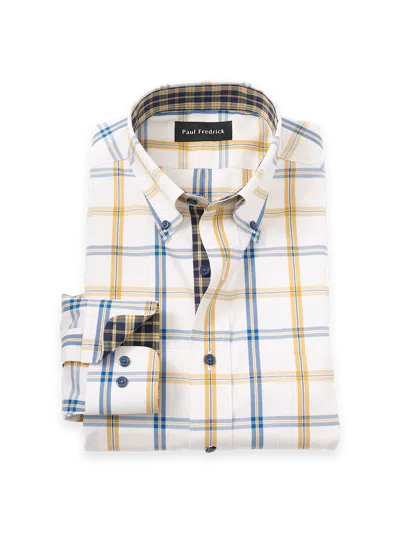 Paul Fredrick Tailored Fit Comfort Stretch Non-iron Windowpane Dress Shirt With Contrast Trim In Multi